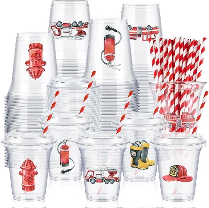 Boao 36 Pcs Watercolor Fire Truck Party Cups with Lids and Paper Straws 14 oz Disposable Clear Plastic Cups for Firefighter Birthday Party Favor Supplies Decorations