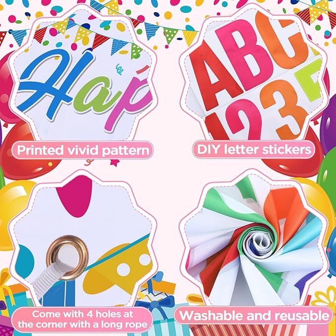 Coloful Birthday Decorations Banner with Personalized Letter Stickers and Balloons DIY White Happy Birthday Yard Banner Custom Bday Sign for Men Women Bday Party Supplies Outdoor