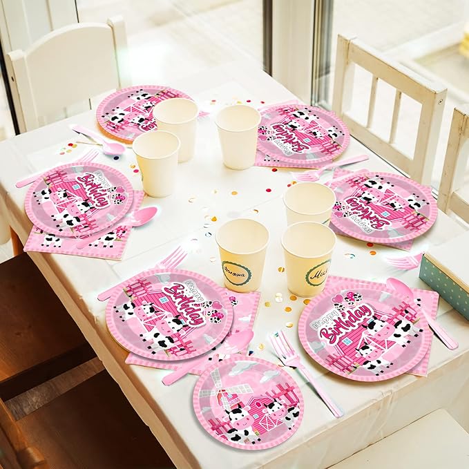 Wiooffen 96 Pcs Cow Birthday Party Supplies Cow Theme Birthday Tableware Set for Girls Pink Cow Print Themed Party Decorations Farm Animal Birthday Party Paper Plates Napkins Forks 24 Guests
