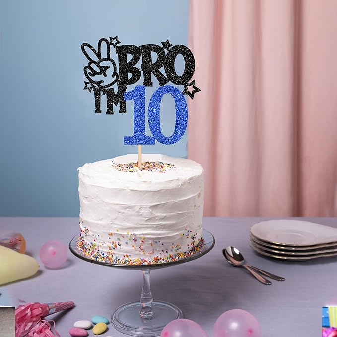 1 PCS Brother I'm 10 Cake Topper Glitter Star Happy 10th Birthday Cake Pick Bro I'm 10 Cake Decoration It's My 10th Birthday Decorations for Boys Cheers to 10 Years Old Birthday Party Supplies Blue
