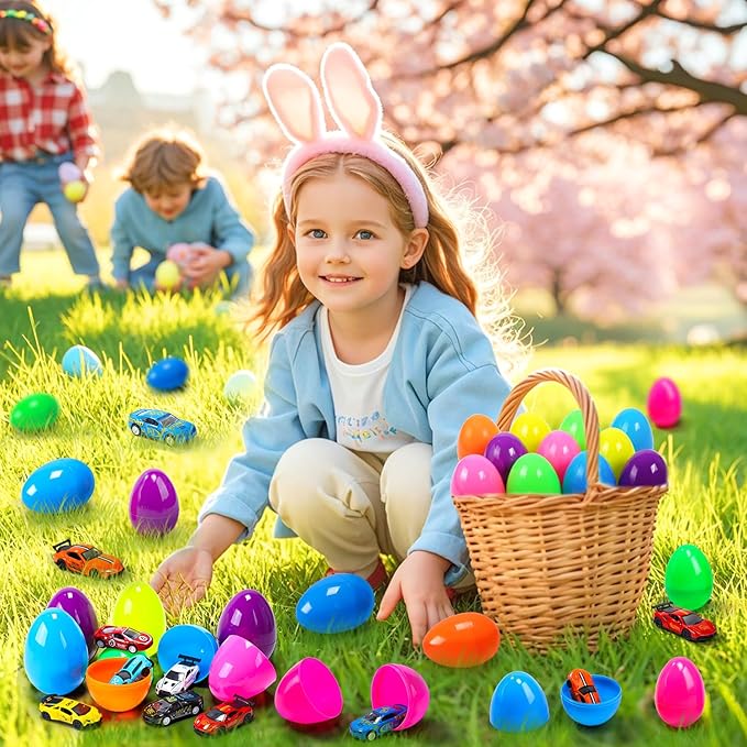 CUTE STONE 12 Pack Filled Easter Eggs with Alloy Racing Car Toy, Prefilled Easter Basket Stuffers Party Favors for Kids, Boys and Girls