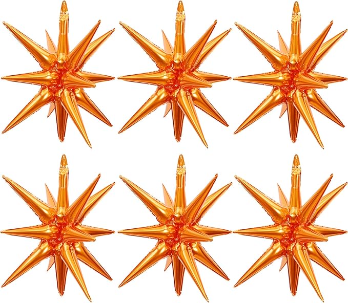6 Pcs Orange Star Foil Balloons One-Piece 14-Pointed Star Balloon 4D Cone Mylar 22inch Christmas Birthday Wedding Fireworks Shape Party Supplies (Orange)