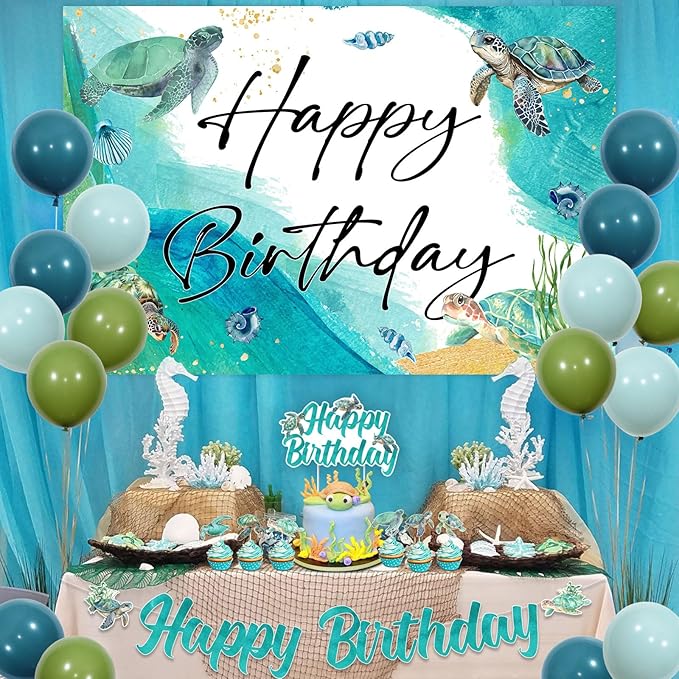 JOYMEMO Sea Turtle Birthday Theme Party Decorations, Birthday Banners, Sea Animal Backdrops, Balloon and Cake Decorations for Underwater World Style Party Supplies