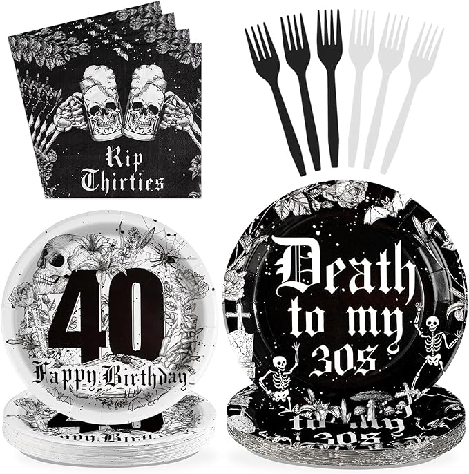 Grencian 96 Pcs Death To My 30s Birthday Decorations 40th Birthday Plates and Napkins Tableware Set Disposable Black Rip To My 30s birthday Party Supplies for Funeral for My Youth Serves 24