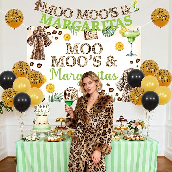 JOYMEMO Moo Moos and Margaritas Birthday Decorations for Women Female, Margarita Backdrop Banner, Cake Topper, Cupcake Toppers, Margs Theme Party Supplies