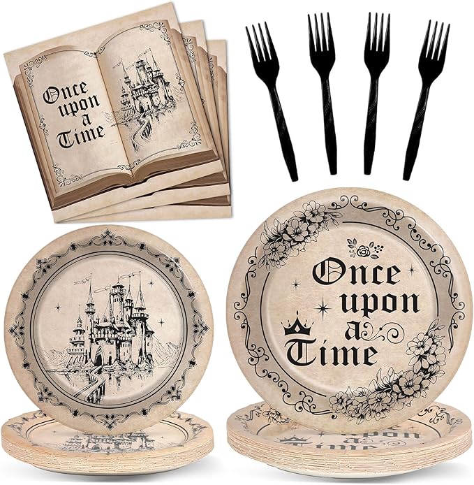 Fairytale Plates and Napkins Once Upon a Time Tableware Set Girl Princess Plates Old Opening Book Dinnerware Floral Castle Plate for Birthday Party Wedding Baby Shower Decoration Supplies Serve 24