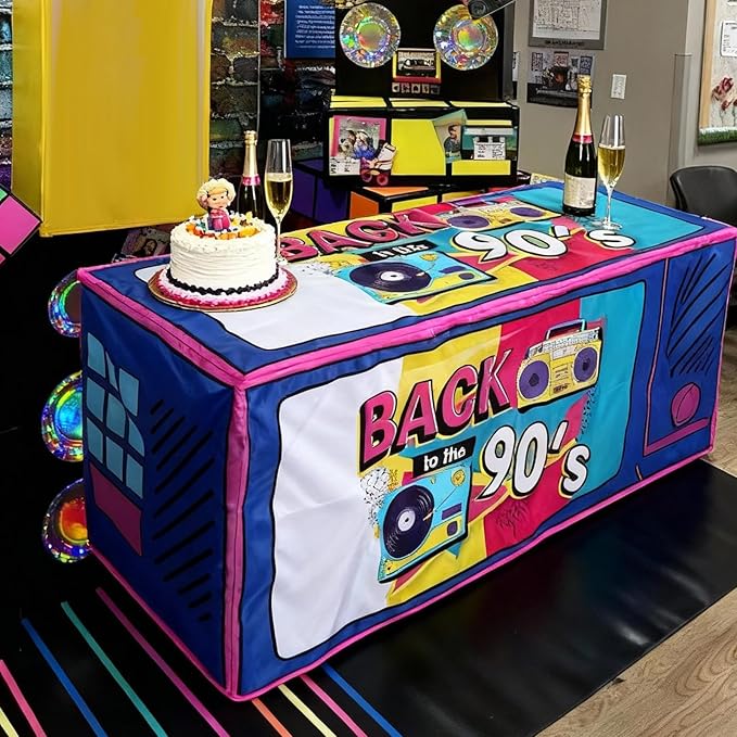 Oudain 6 ft 90s Theme Tablecloth 72 x 30'' Nostalgia Style Rectangle TV Table Cover Washable Fabric Polyester for Retro Back to The 90s Party Decorations Throwback Party Decorations