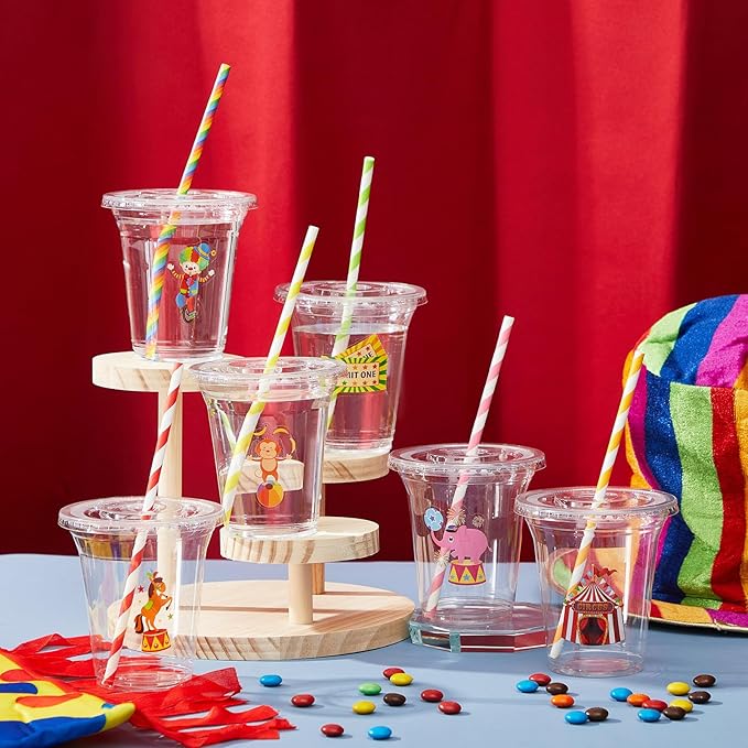 Boao 36 Sets Circus Carnival Cups with Lids and Paper Straws 14 oz Circus Carnival Birthday Party Supplies Favors Disposable Clear Plastic Cups Bulk