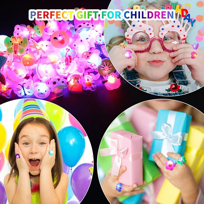 NEEW 50 Pcs LED Light Up Ring Bulk Toys, Glow in The Dark Party Supplies, Party Favors for Adults Kids Pinata Filler Goody Bag Stuffers Random Patterns