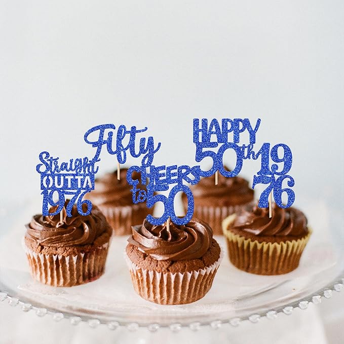 30 PCS 50th Birthday Cupcake Toppers Glitter Fifty Happy 50 Straight Outta 1976 Cupcake Picks for Cheers to 50 Fabulous 50th Birthday Anniversary Party Cake Decorations Supplier Blue