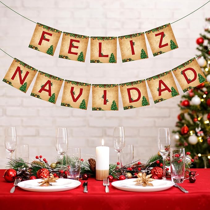 Feliz Navidad Banner Merry Christmas Banner Vintage New Year Garlands Sign for Feliz Navidad Christmas Decorations Mexican Spanish Holiday Decor Home Office Party Fireplace Mantle Decor