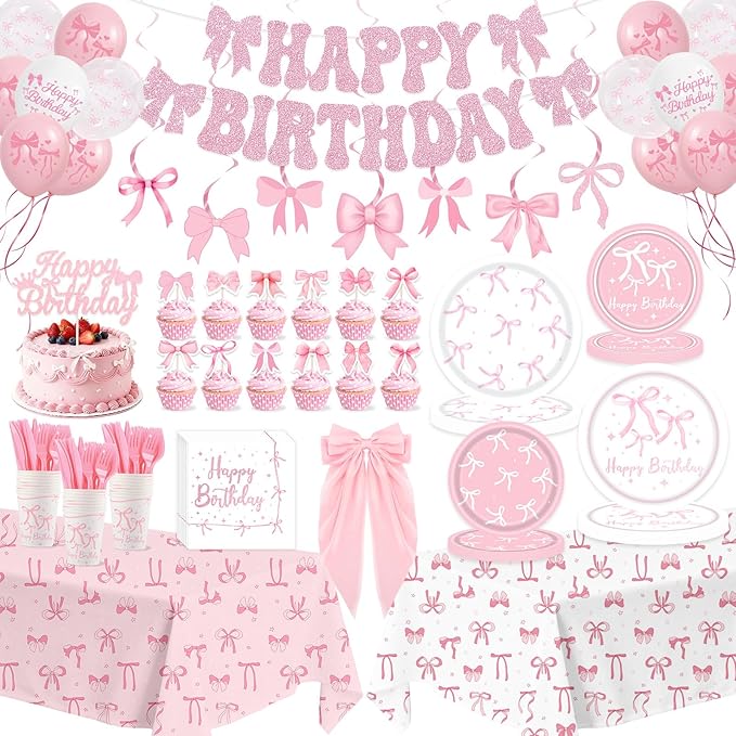 Coquette Birthday Decorations, Pink Bow Birthday Decorations Serve 24 Includes bow hair clip Hanging Swirls Plates Napkins Cups Banner Tablecloth Balloons Pink Party Supplies for Girls Party