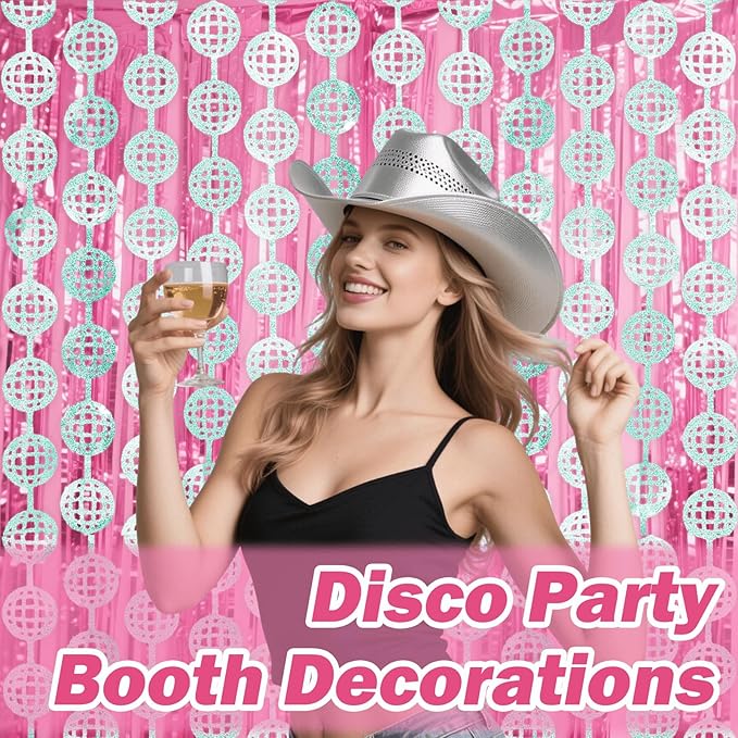4 Pcs Disco Party Decorations - 2 x Disco Ball Silver Metallic Tinsel Fringe Curtains & 2 x Candy Pink Backdrops for Birthday Supplies Last Rodeo Bachelorette Wedding Disco Decor