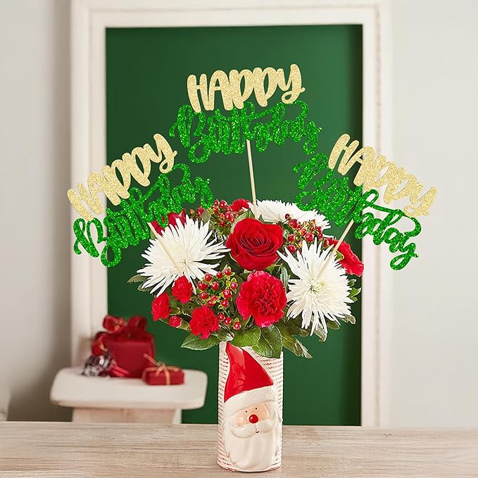 Gyufise 12Pcs Happy Birthday Centerpieces Sticks Double Sided Glitter Birthday Party Decorations Anniversary Table Flower Centerpiece for Celebrating Party Supplies Green Gold