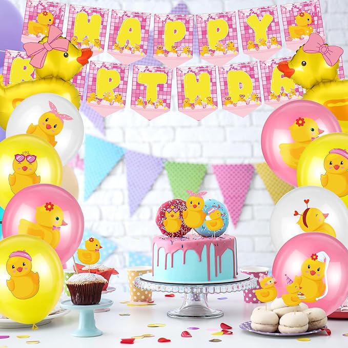 Leitee 57 Pcs Pink Duck Birthday Decorations Balloons Party Happy Birthday Banner Cake Topper Cupcake Toppers Rubber Duck Decor for Birthdays Party Supplies