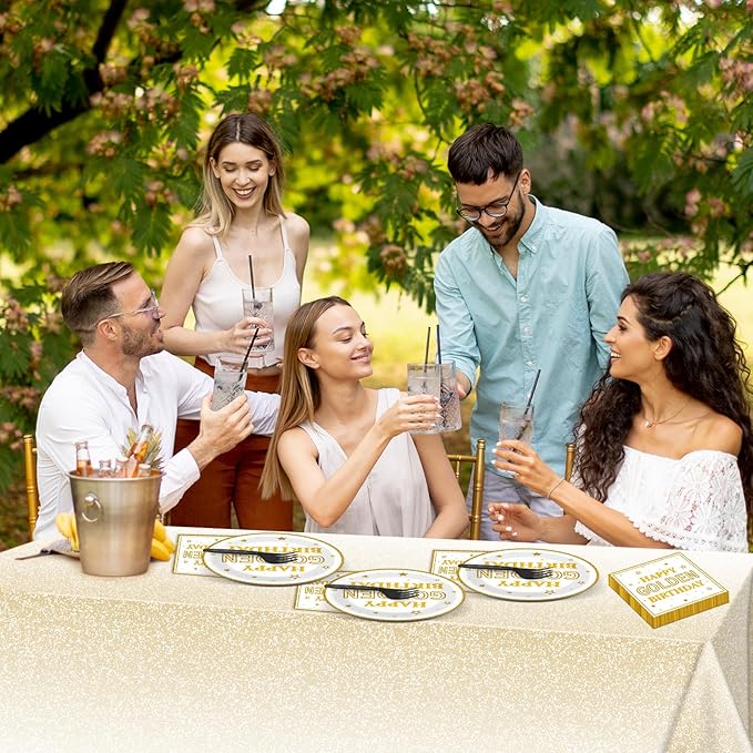 98PCS Happy Golden Birthday Party Supplies Happy Golden Birthday Paper Plates Napkins Tablecloths White Gold Dinnerware for Women Men Party Decorations for 24 Guests