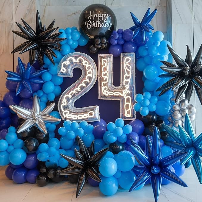 Blue and Black Balloon Arch Kit,Royal Light Blue Metallic Blue Black Balloons with Star Foil Balloon for Kids Boy Blue Birthday Baby Shower Anniversary Graduation Wedding Police Party Decorations