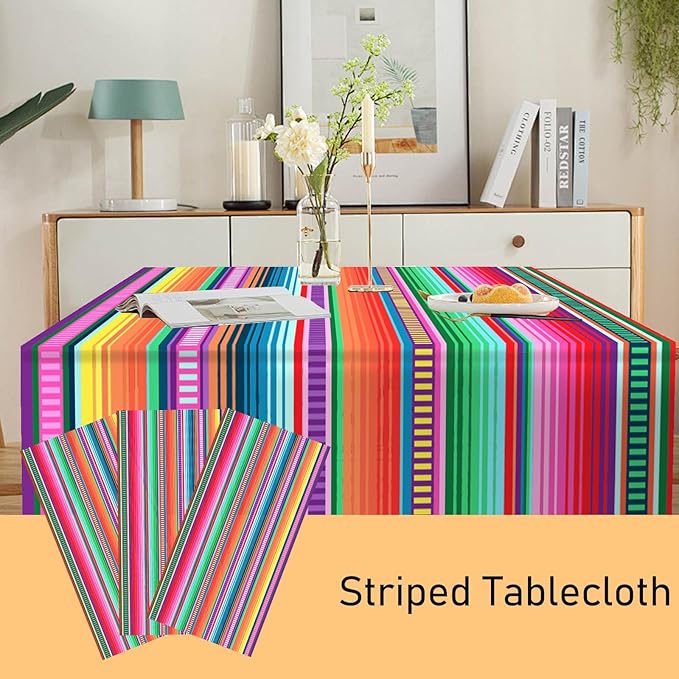 3 Pack Disposable Plastic Mexican Serape Tablecloths, 54 x 108 Inch Mexican Striped Party Table Cover for Mexican Wedding Birthday Party Decorations Outdoor Indoor Party Supplies
