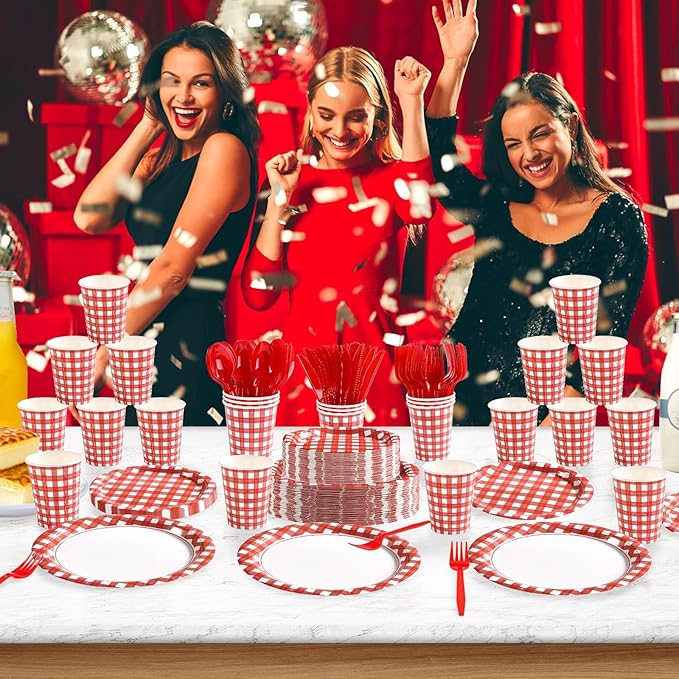 168Pcs Red Gingham Party Decorations Red and White Checkered Buffalo Plaid Plates Napkins Cups Forks Knives Spoons Tableware Set for Summer Pizza BBQ Picnic Baby Shower Birthday Party Supplies Serve24