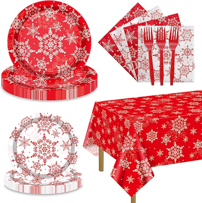 Christmas Snowflakes Plates Set for 20 Guests, Including Red Snowflakes Tablecloth, Napkins, Forks and Plates for Xmas Winter Holiday New Year Party Decorations