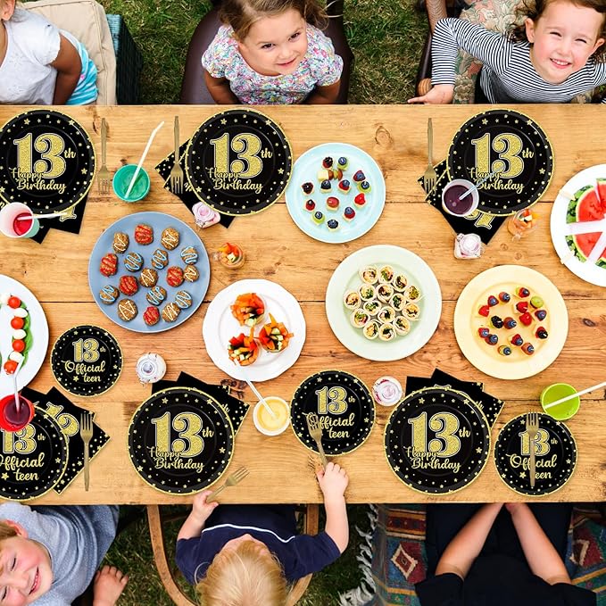 96 Pieces 13th Birthday Tableware Set Official Teenager 13th Disposable Plates Black Gold Birthday Party Plates Napkins Forks for Teenager Boys Girls 13 Year Old Party Favor 24 guests