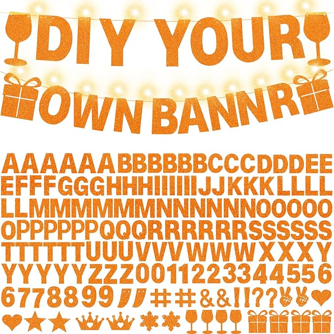 175Pcs DIY Glitter Customizable Banner Kit Custom Banners DIY Happy Birthday Letter Banners Personalized Banner Decor for Easter Day Christmas Baby Shower Birthday Party Decorations(Glitter Orange)