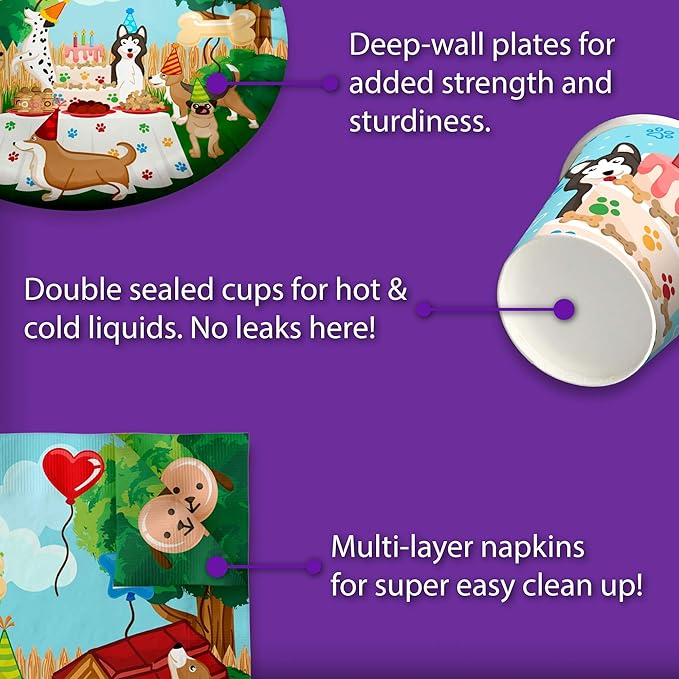 Puppy Dog Party Pups Birthday Party Supplies Set Plates Napkins Cups Kit for 16