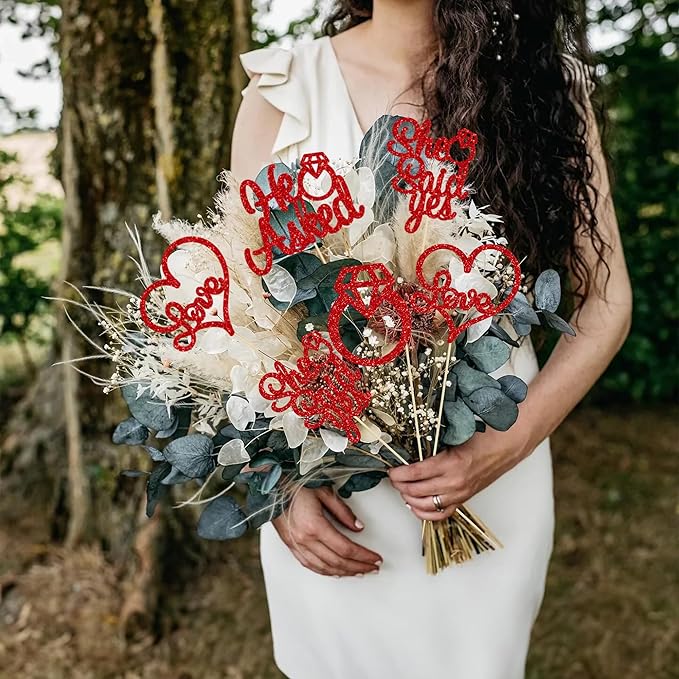 Gyufise 12Pcs He Asked She Said Yes Centerpiece Sticks Double Sided Glitter Diamond Ring Heart Love Table Centerpiece Sticks for Wedding Engagement Party Supplies Red