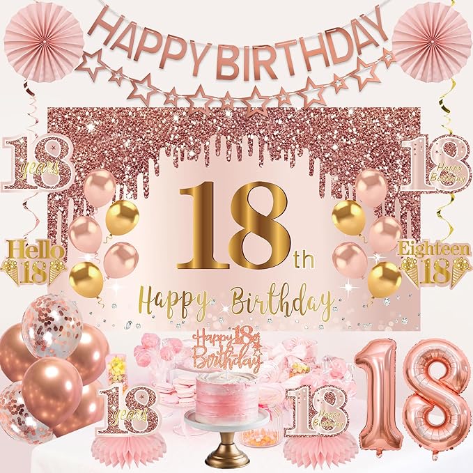 18th Birthday Decorations for Girls, Pink Rose Gold Happy 18 years old Birthday Banner Backdrop Balloons Sash Table Cake Topper Honeycomb Centerpieces Hanging Swirls Paper Fans Party Supplies