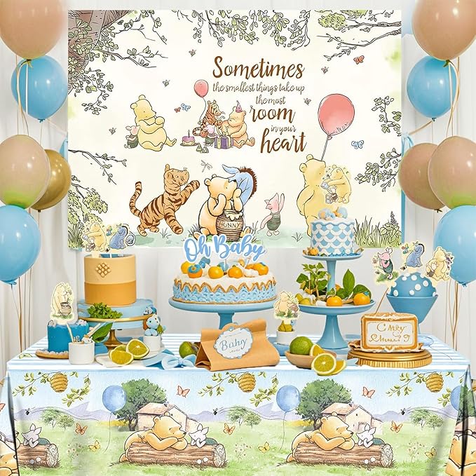 Classic Winnie Baby Shower Decorations Kit, All-in-1 Vintage Winnie Party Supplies Decorations, Classic The Pooh Backdrop Cake Topper, Winnie Baby Tablecloth Honeycomb Decorations for Baby Shower
