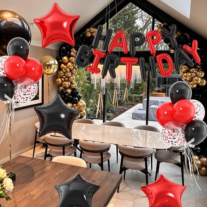 29PC Red Black Happy Birthday Balloon Banner, 16 Inch 3D Letter Banner Sign, Black Red Confetti Latex Balloons Helium 18 Inch Star Foil Balloons for Kids, Women, Men Birthday Party Decor