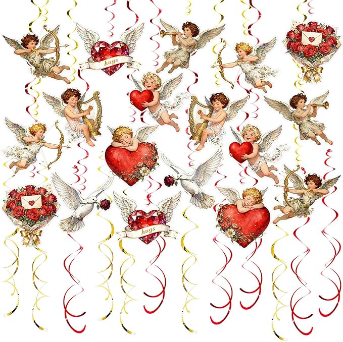 Valentine's Cupid Party Streamers, 48 PCS Romantic Hanging Swirl Decorations - Angel, Heart & Rose Motifs for Valentine's Day, Weddings & Anniversary Parties