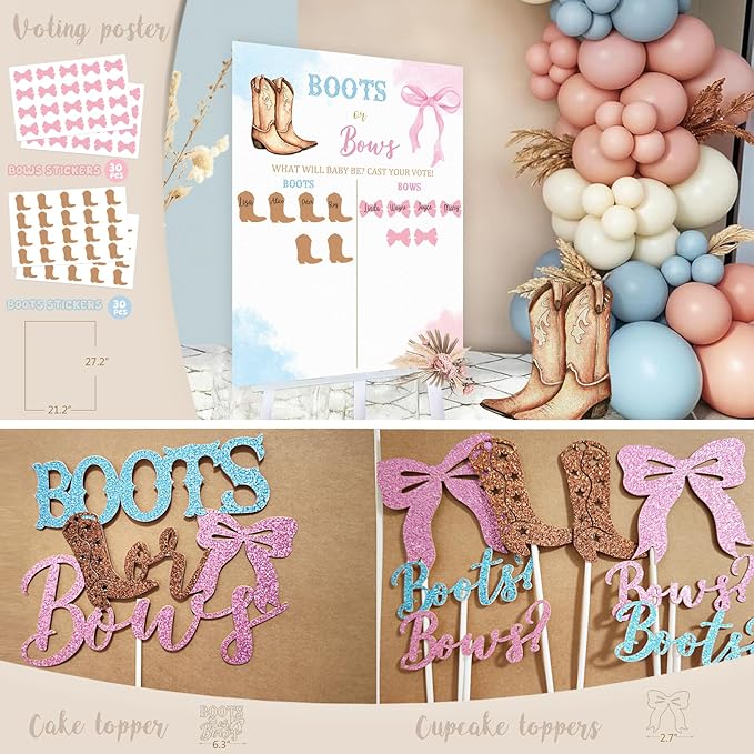Boots or Bows Gender Reveal Decorations, 206pcs Boy or Girl What Will Baby Be Gender Reveal Party Supplies，Western Themed Cowboy or Cowgirl He or She Baby Shower Decoration