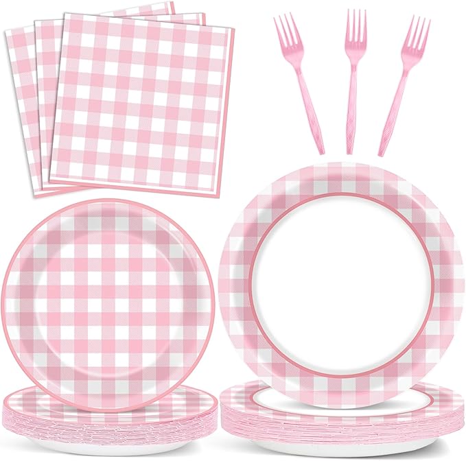 ZOIIWA 96 Pcs Pink Plaid Party Decoration for 24 Guests Pink And White Checkered Plates Party Supplies Plaid Birthday Tableware Outdoor Supplies Girls Barbecue Picnic Plates Napkins Decor