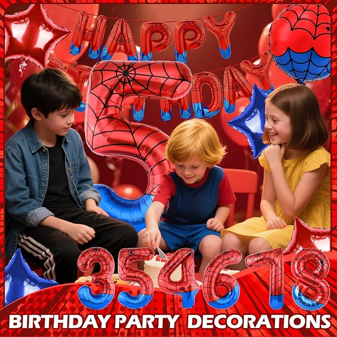 Spider Themed Happy Birthday Banner Party Decorations Set Including 40 Inch Number 5 Foil Balloons, Themed Party Essentials, Colorful Superhero Backdrop Supplies for Boys Indoor Outdoor Celebration