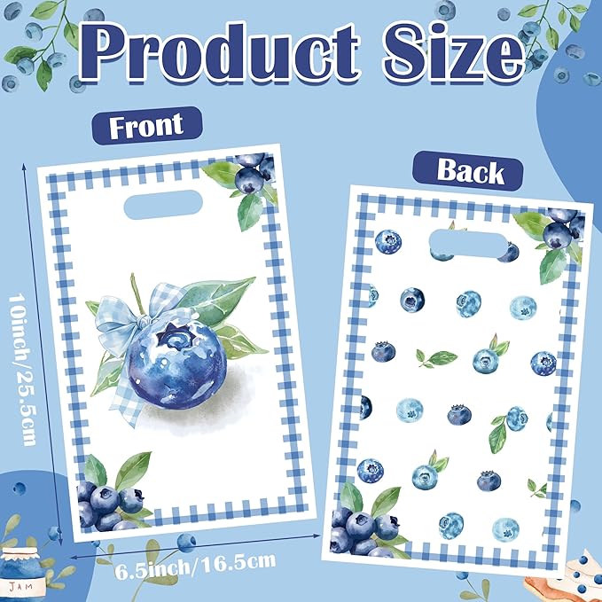 Blueberry Party Favor Bags - 50Pcs Summer Blue Berry Patterns Goody Candy Treat Bags, Sweet Fruit Themed Party Decorations for Kids Adults Birthday Baby Shower Picnic Tea Events Supplies