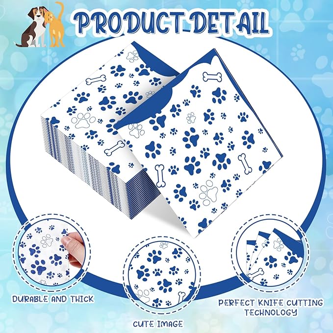 CHENGU 100 Pieces Paw Print Napkins 2 Layers Paw Print Party Supplies Farm Animal Party Napkins for Animal Themed Birthday Western Part, 5 x 5 Inch(Blue)