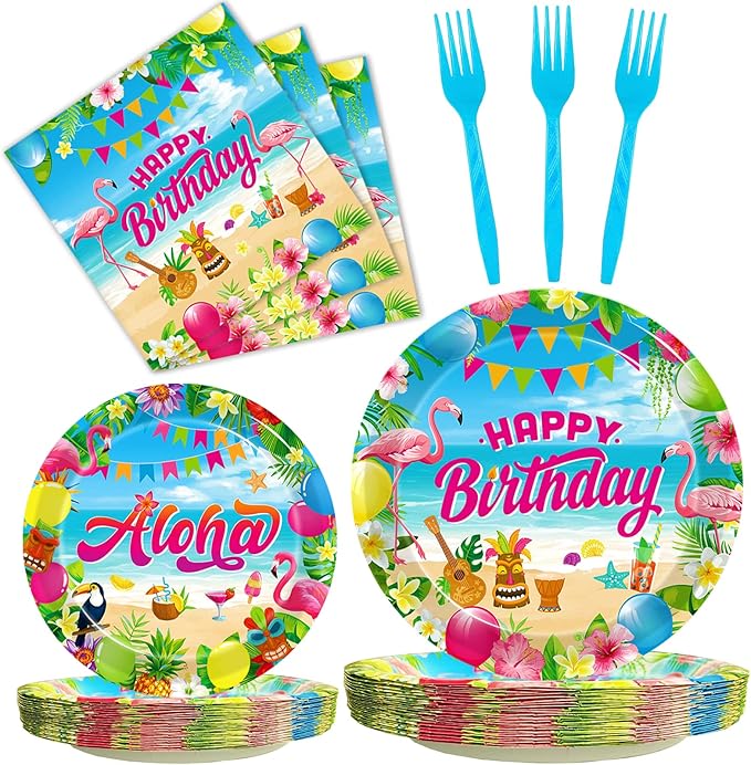 96 Pcs Hawaiian Aloha Party Decorations Supplies, Luau Tropical Birthday Party Plates Summer Beach Holiday Party Paper Plates Napkins Tableware Disposable Dinnerware Set , Serves 24