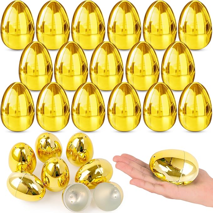 24 Pack Gold Easter Eggs, 2.4 Inch Metallic Plastic Empty Golden Eggs Fillable for Easter Eggs Hunt, Easter Basket Stuffers Fillers, Classroom Prize Supplies, Filling Treats and Party Favors