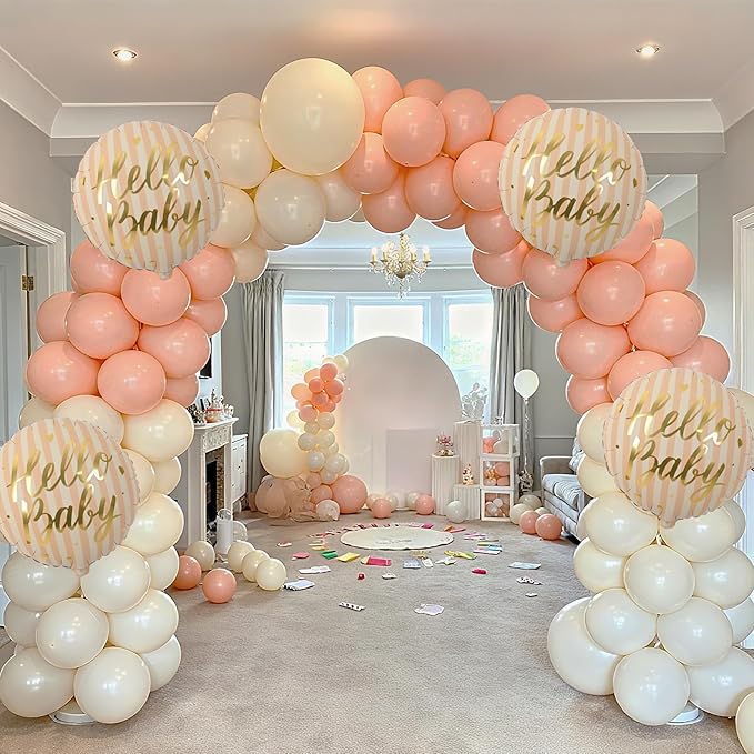 18" Hello Baby Foil Balloons for Welcome Baby Party Decorations, 4pcs Light Pastel Orange Cream Mylar Balloons, Peach Beige Gold Balloon for Gender Neutral Baby Shower Sip and See Party Decor Supplies