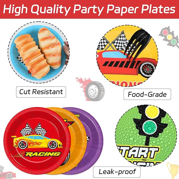 CHUNNIN 60Pcs Race Car Party Paper Plates for Party Decorations 7in Racing Sports Dessert Plates Disposable Tableware Dinnerware Set for Baby Shower Boys Birthday Racing Themed Party Supplies