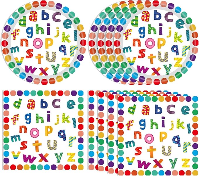 40PCS Alphabet Number Party Supplies Rainbow Alphabet Disposable Party Decor Included Alphabet Plates Napkins Back to School Decorations for Baby Shower Kids Birthday Alphabet Number Games
