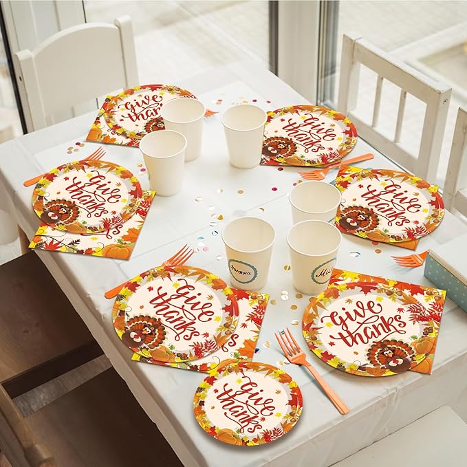 96 Pcs Fall Thanksgiving Party Supplies Give Thanks Party Plates Fall Pumpkin Turkey Autumn Party Plates Napkins Set Disposable Dinnerware Tableware for Thanksgiving Dinner Party, Serves 24