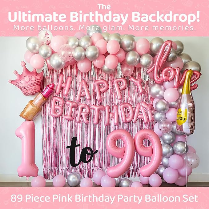 Pink Happy Birthday Balloon Set for Girls - 89 Pc Party Decorations for Women with 0-19 Number Balloons, Crown, Lipstick and Champagne Bottle Shapes, Confetti, Backdrop, Arch Kit, Assembly Supplies