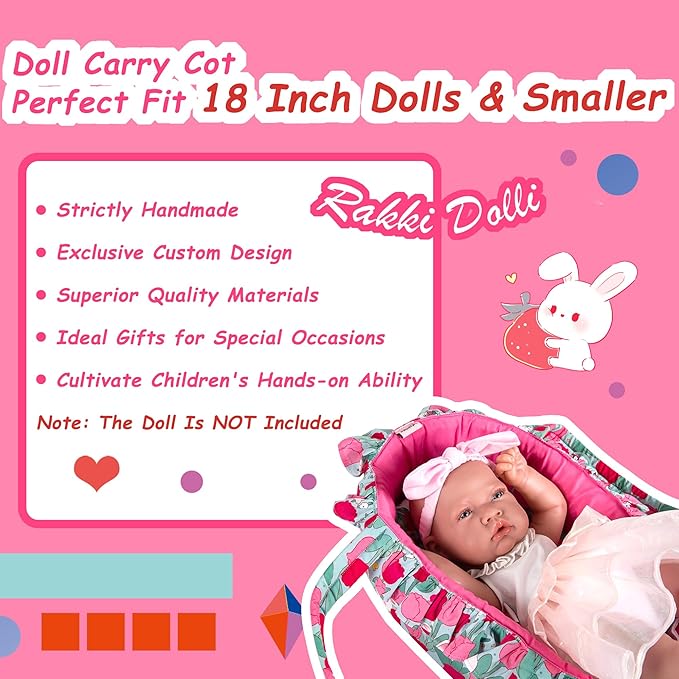 Doll Carry Cot Set, Soft 3PC Set Includes Cot, Mattress and Pillow, Rose Rabbit Doll Bassinet, Fits for 10-12 Inch American Girl Dolls