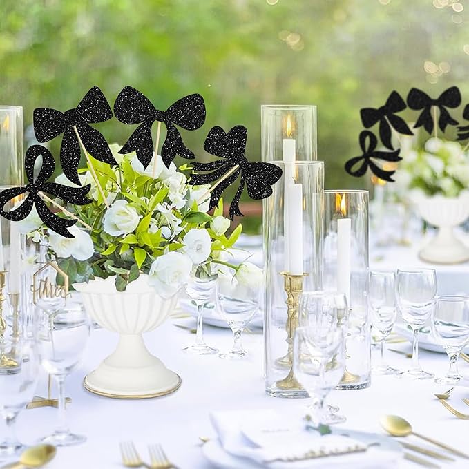 Gyufise 12Pcs Bow Centerpiece Sticks Birthday Bowknot Ribbons Coquette Table Flower Centerpieces Sticks Bow High Footed Party Decorations for Bridal Shower Birthday Wedding Party Supplies Black