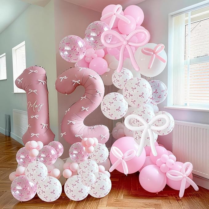 Pink Bow Balloons, 62Pcs Pastel Light Pink Clear White Bow Latex Balloons, 12Inch Transparent Bowknot Print Helium Balloon for Girls Women Princess Coquette Birthday Wedding Bridal Baby Shower Party