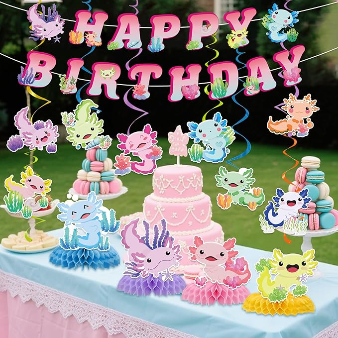 Axolotl Birthday Decorations Include Colorful Axolotl Happy Birthday Banners Hanging Swirls Honeycomb Centerpiece Reptile Animals Axolotl Theme Bday Party Supplies