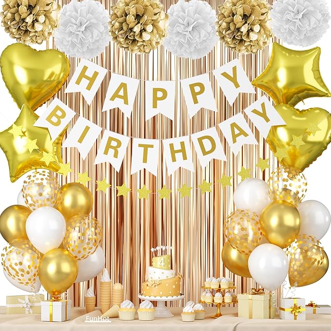 White & Gold Birthday Decorations - Happy Birthday Banner, Fringe Curtain, Tissue Paper, Pompoms, Star Garland, Confetti & Balloons