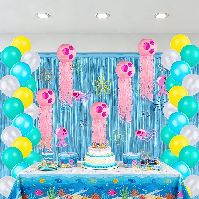 Yellow Cartoon Party Decorations Jellyfish Flowers Hanging Swirls Cartoon Ocean Theme Hanging Decor Under the Sea Party Decorations Photo Props Background for Birthday Party Supplies